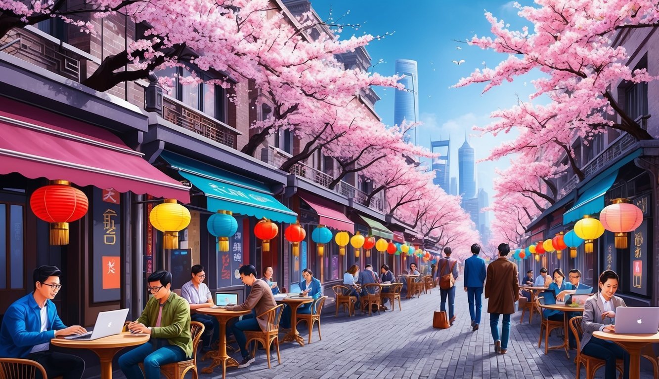 A bustling Shanghai street lined with cherry blossom trees and colorful lanterns, with digital nomads working at outdoor cafes