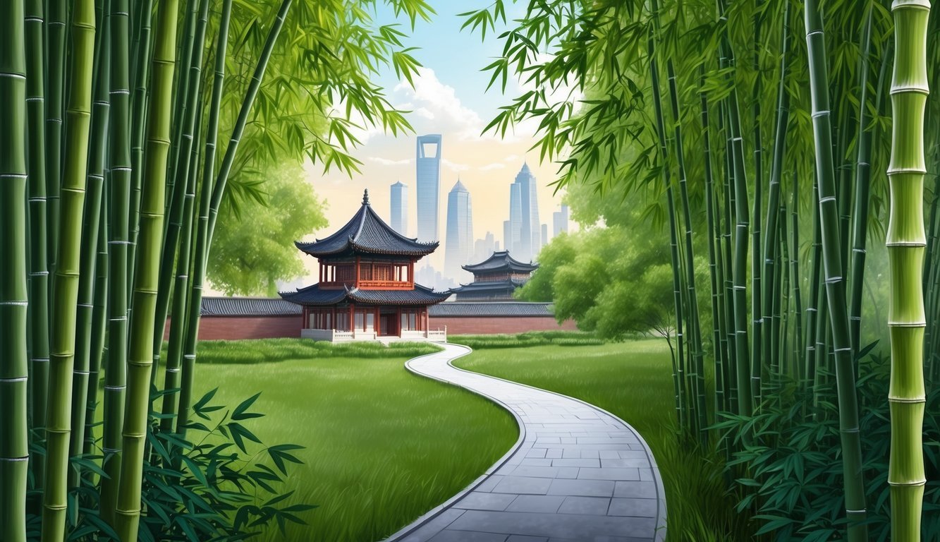 A serene bamboo forest in rural Shanghai, with a winding path and traditional Chinese architecture peeking through the trees