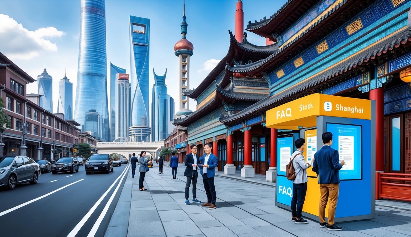 A bustling Shanghai street with modern skyscrapers and traditional architecture, featuring digital nomads seeking information at a FAQ kiosk
