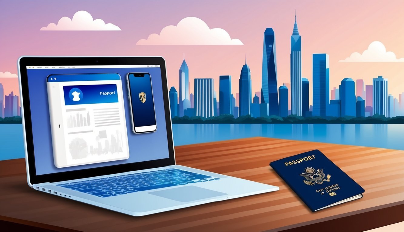 A laptop, smartphone, and passport on a table with a city skyline in the background