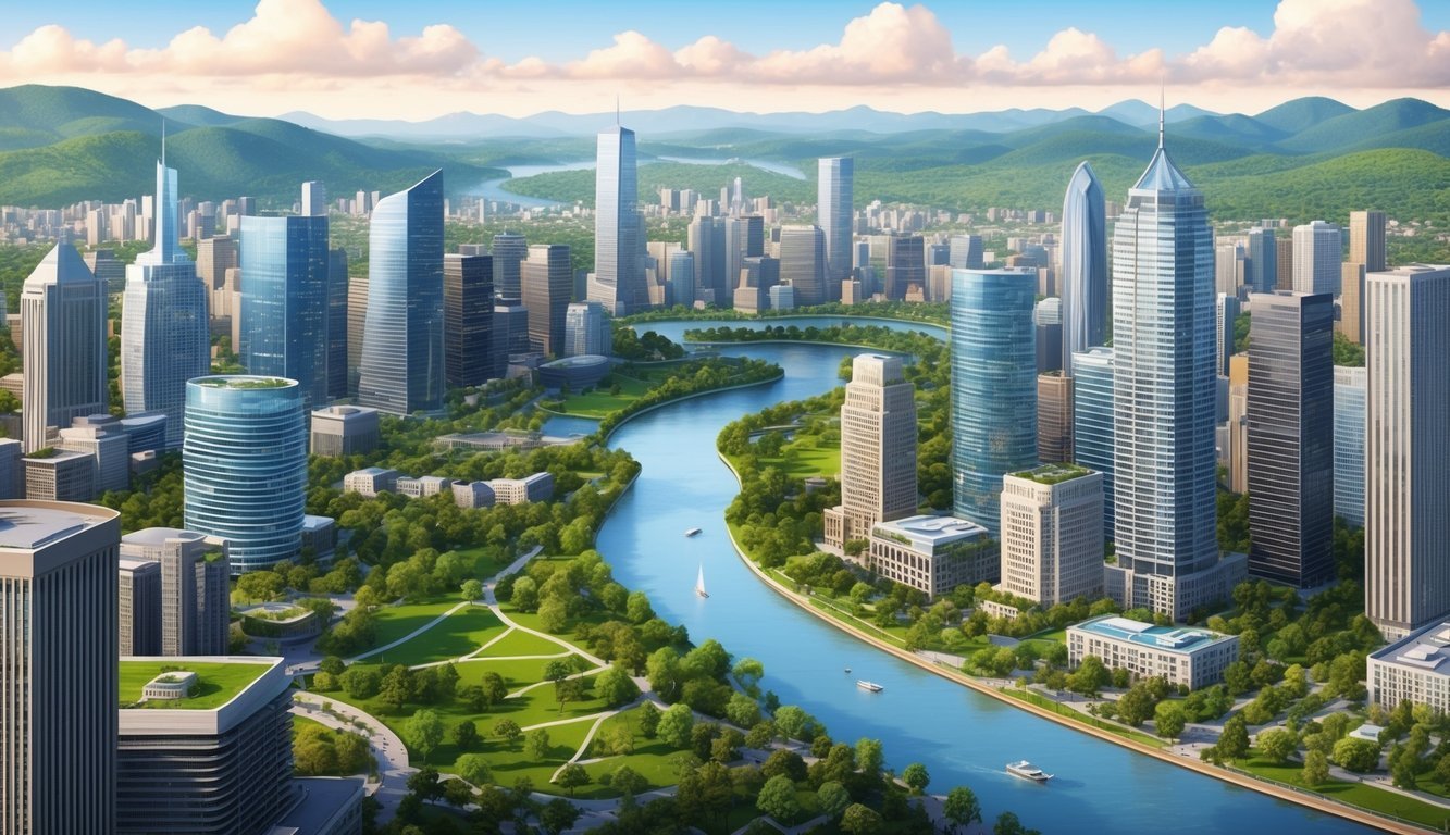 A bustling cityscape with modern skyscrapers, lush green parks, and a winding river, surrounded by mountains in the distance