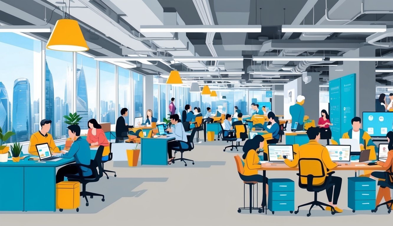 A bustling co-working space in Shenzhen, filled with modern technology, comfortable workstations, and diverse digital nomads collaborating and networking