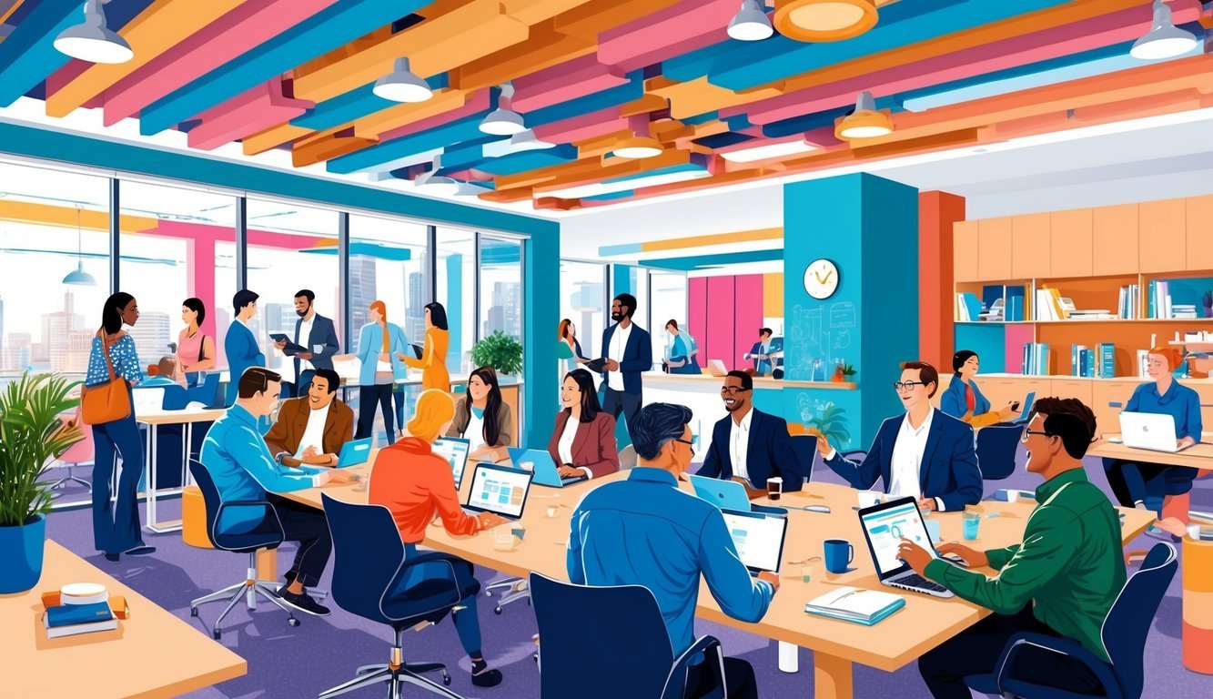 A bustling co-working space in Brisbane, Australia, with diverse individuals collaborating and networking in a vibrant, modern setting