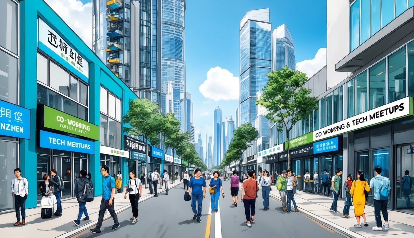 A bustling street in Shenzhen, with modern skyscrapers and a mix of locals and expats.</p><p>Signs in Chinese and English advertise co-working spaces and tech meetups