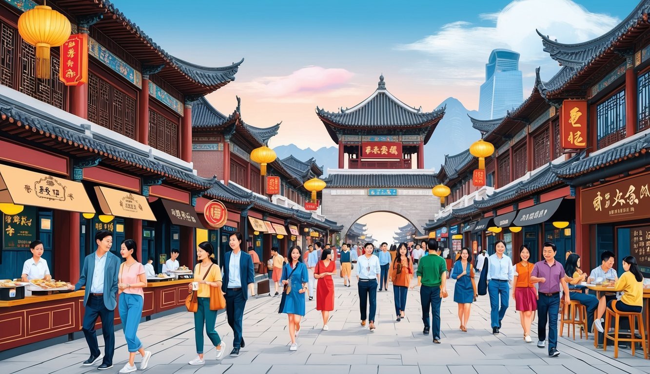 A bustling street in Chengdu, with traditional Chinese architecture, food stalls, and modern cafes.</p><p>People are walking and chatting, creating a vibrant atmosphere