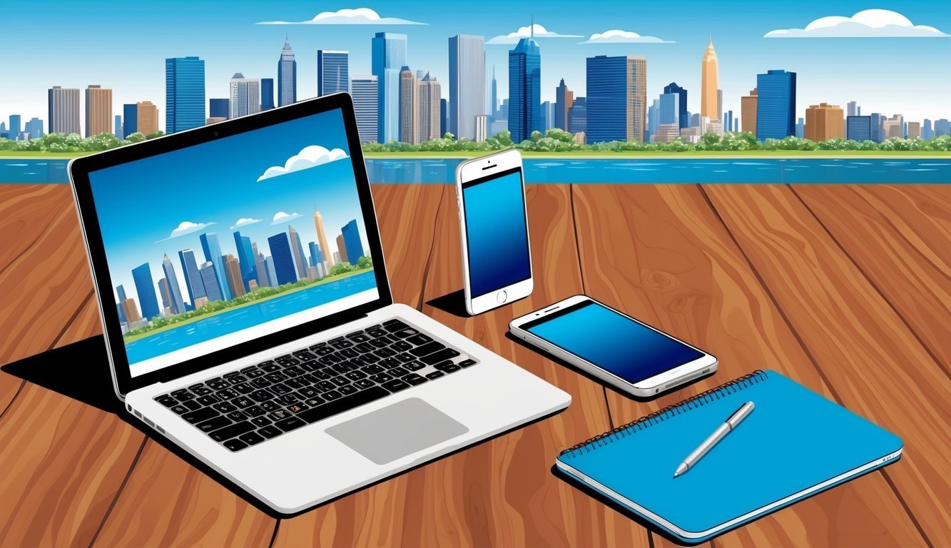 A laptop, smartphone, and notebook on a wooden table with a city skyline in the background
