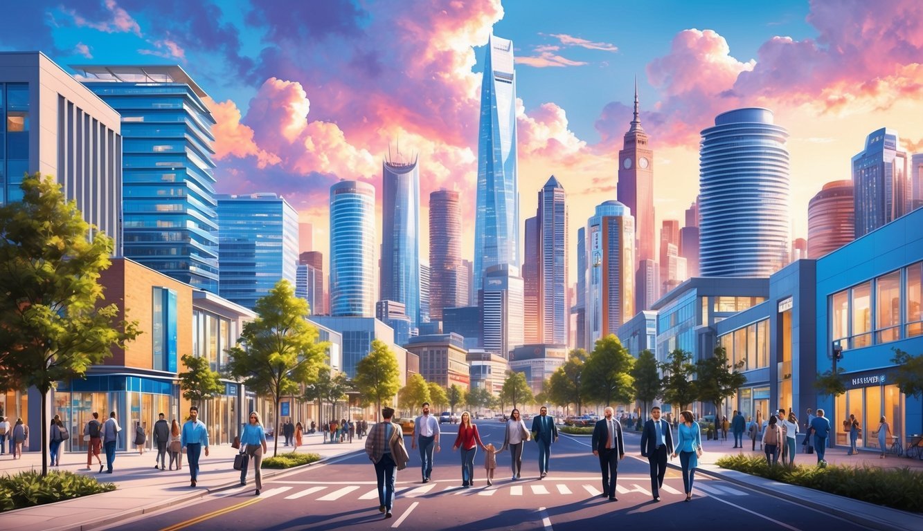A bustling cityscape with a skyline of modern buildings, people walking on the streets, and a vibrant atmosphere