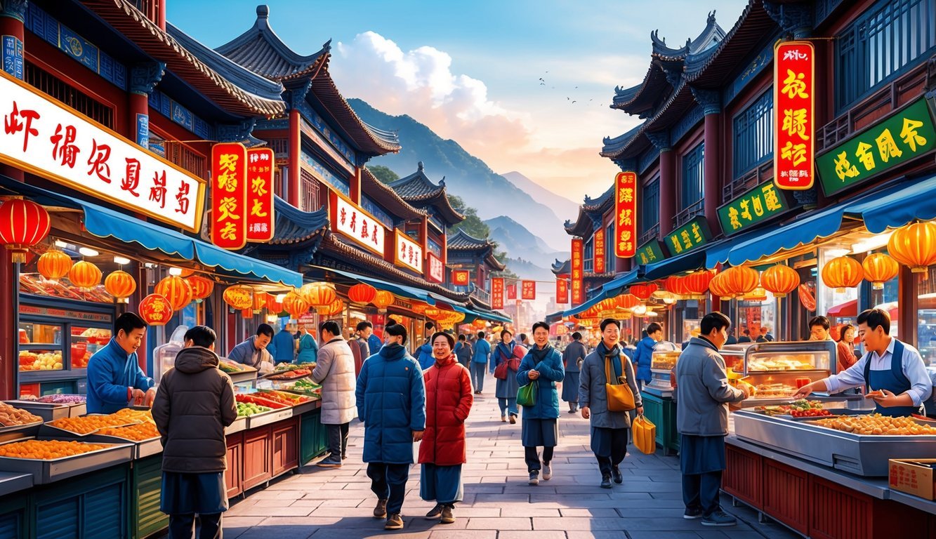 A bustling street market in Chengdu, with colorful food stalls, traditional architecture, and modern technology blending seamlessly