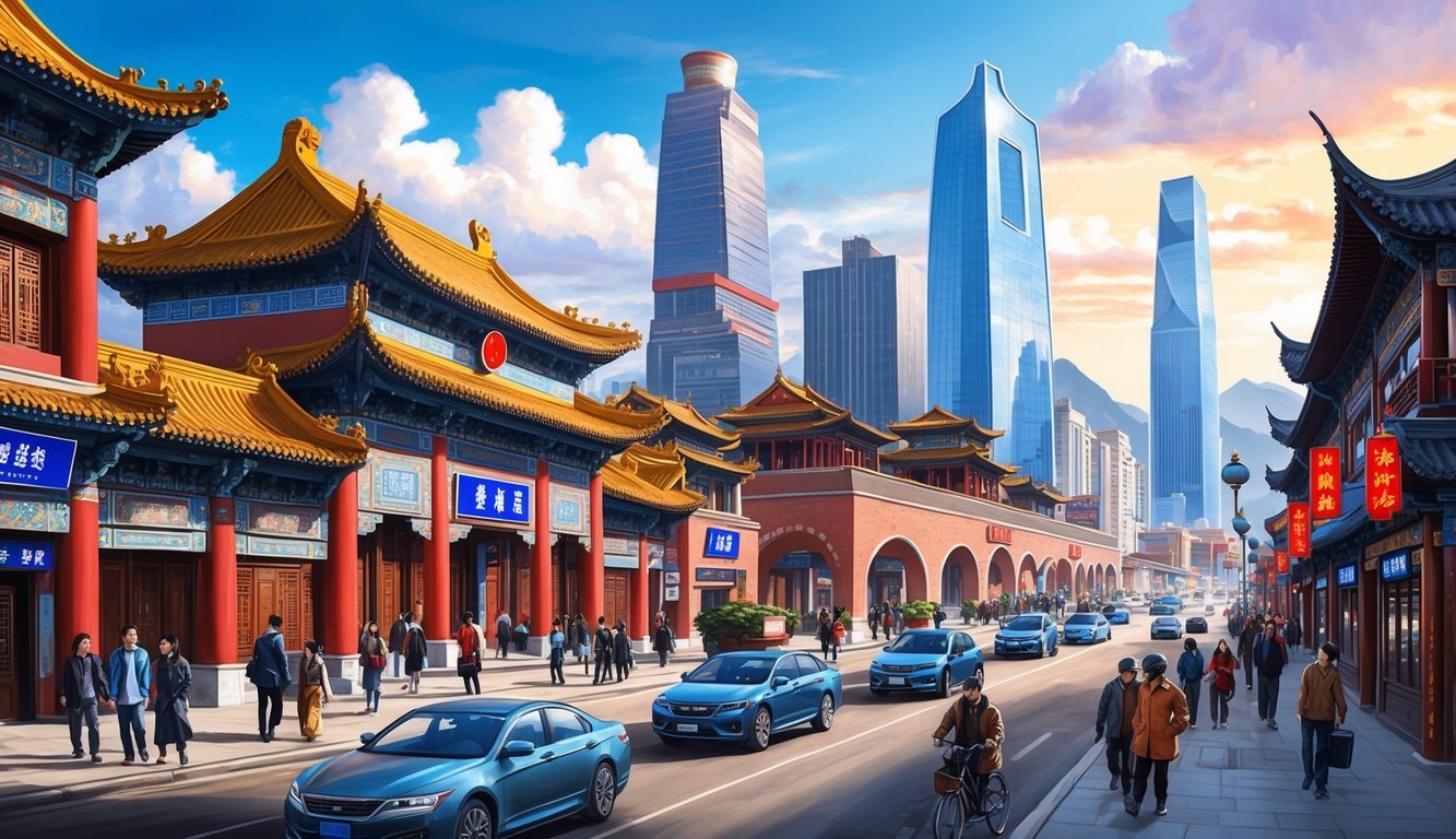 A bustling Chengdu street with traditional Chinese architecture, modern skyscrapers, and a mix of locals and expats navigating the city