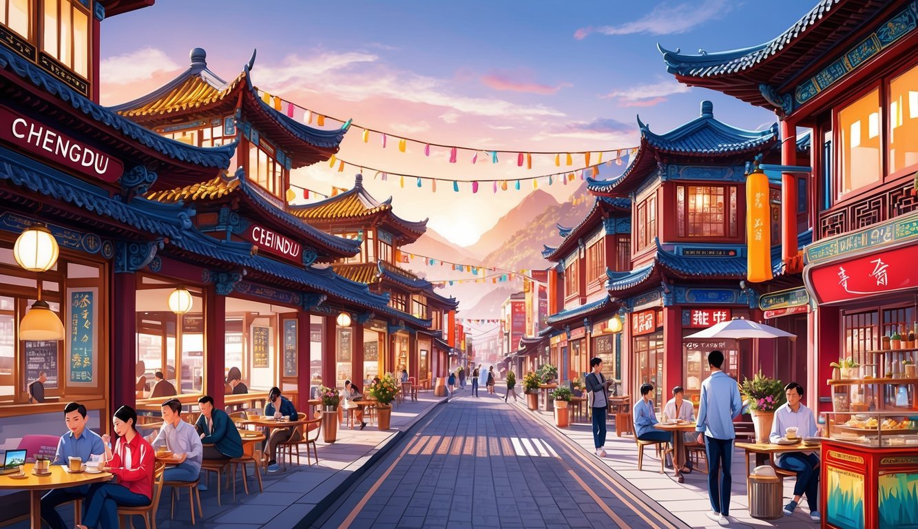 A bustling Chengdu street with modern cafes and co-working spaces, surrounded by traditional teahouses and vibrant street markets