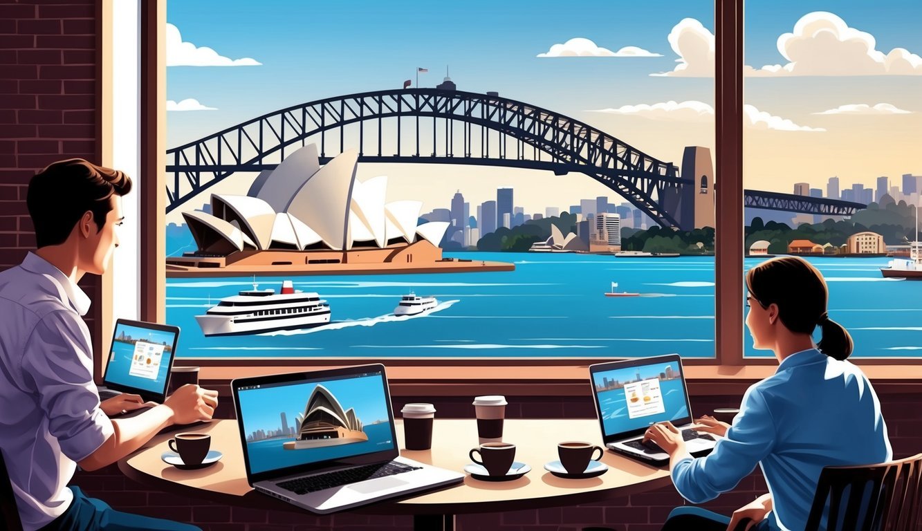 A bustling Sydney cafe with laptops, coffee, and a view of the iconic Opera House and Harbour Bridge