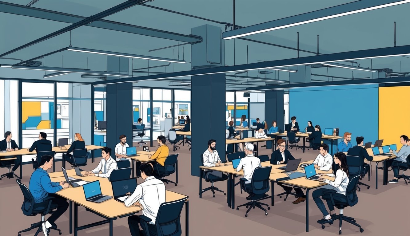 A modern co-working space in Sydney, filled with sleek desks, high-speed internet, and bustling digital nomads collaborating and working independently