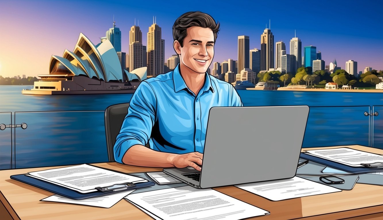 A digital nomad sitting at a desk with a laptop, surrounded by paperwork and legal documents, with a view of the Sydney skyline in the background