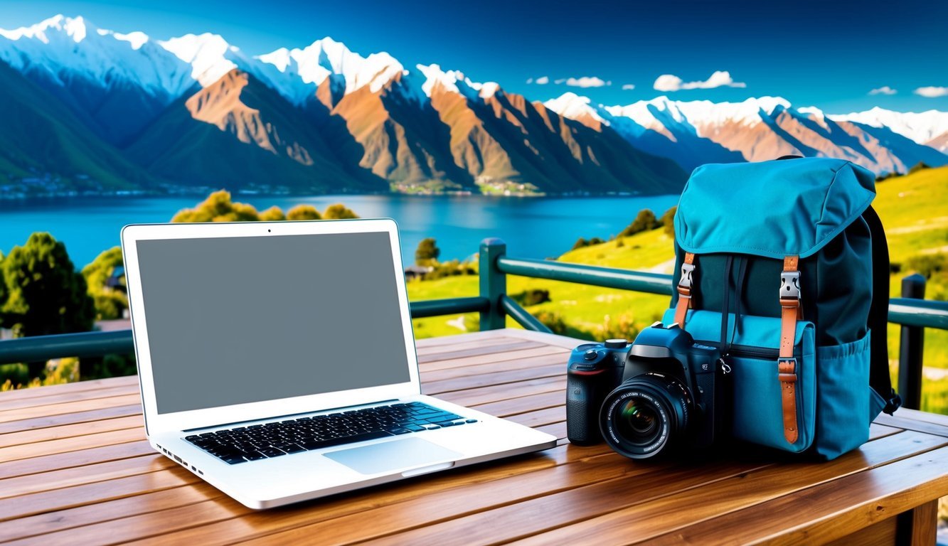 A laptop, camera, and backpack sit on a wooden table overlooking a scenic mountain landscape in Queenstown, New Zealand