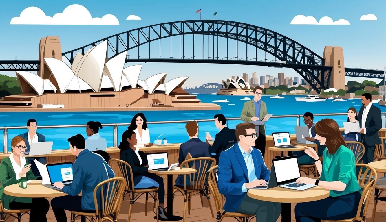 A bustling Sydney cafe with people working on laptops, networking, and socializing amidst the backdrop of the iconic Sydney Opera House and Harbour Bridge