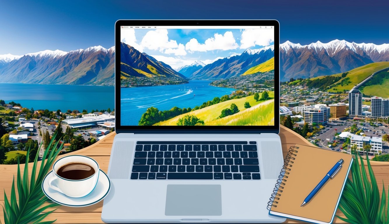 A laptop, surrounded by a scenic view of Queenstown, New Zealand.</p><p>A cozy workspace with a cup of coffee and a notebook