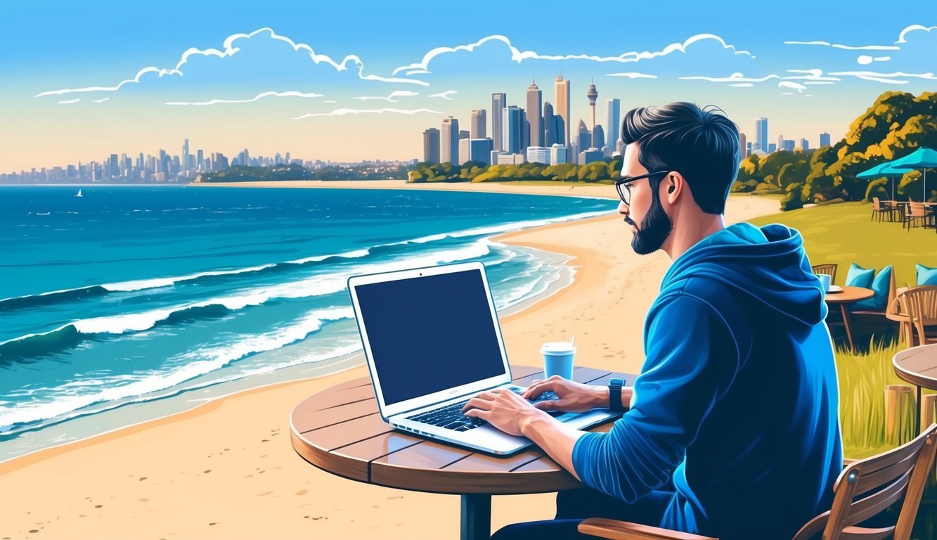 A digital nomad works on a laptop at a beachside cafe, overlooking the ocean and distant city skyline of Sydney, Australia