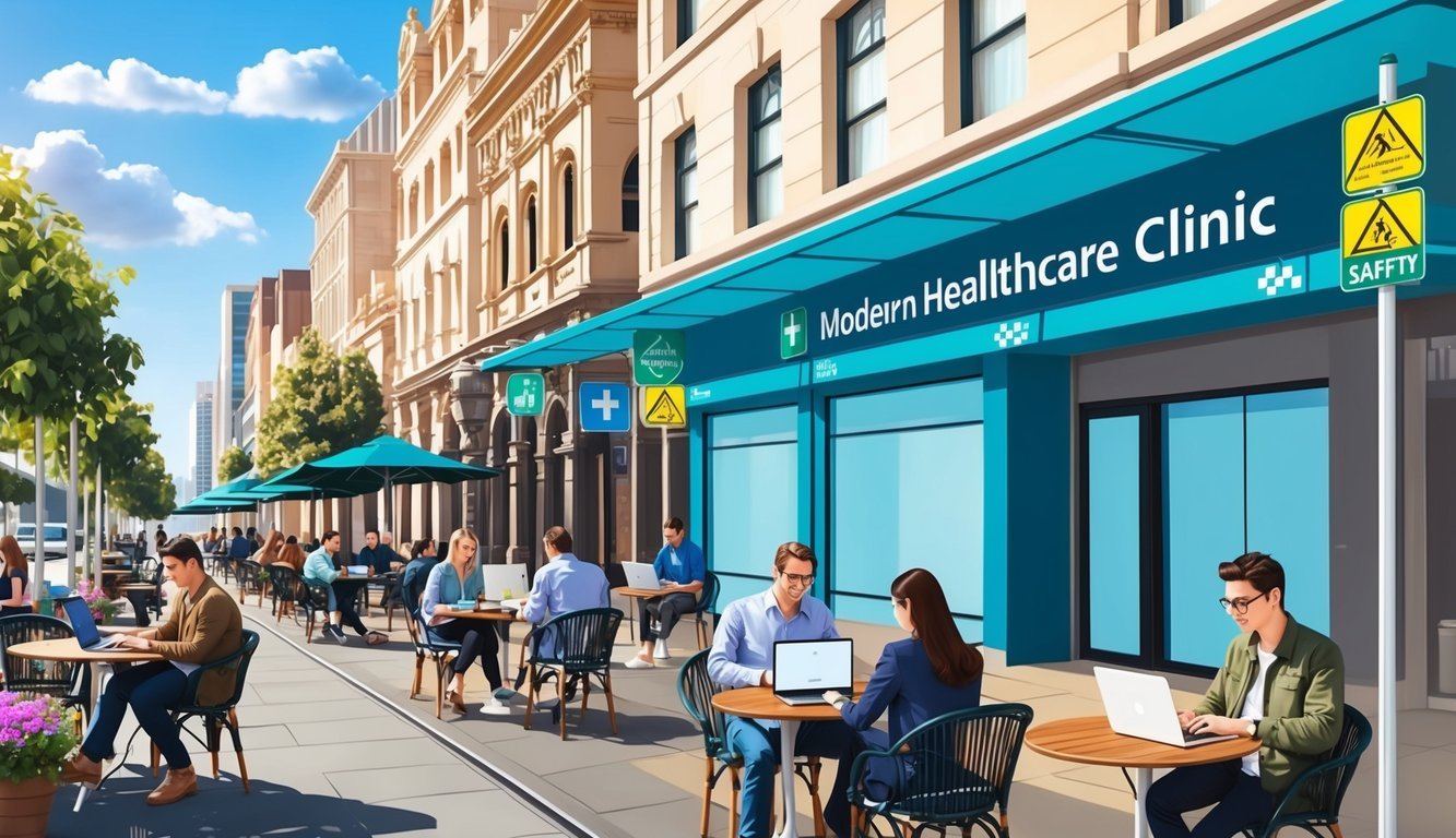 A bustling Sydney street with a modern healthcare clinic and safety signs, surrounded by digital nomads working on laptops at outdoor cafes
