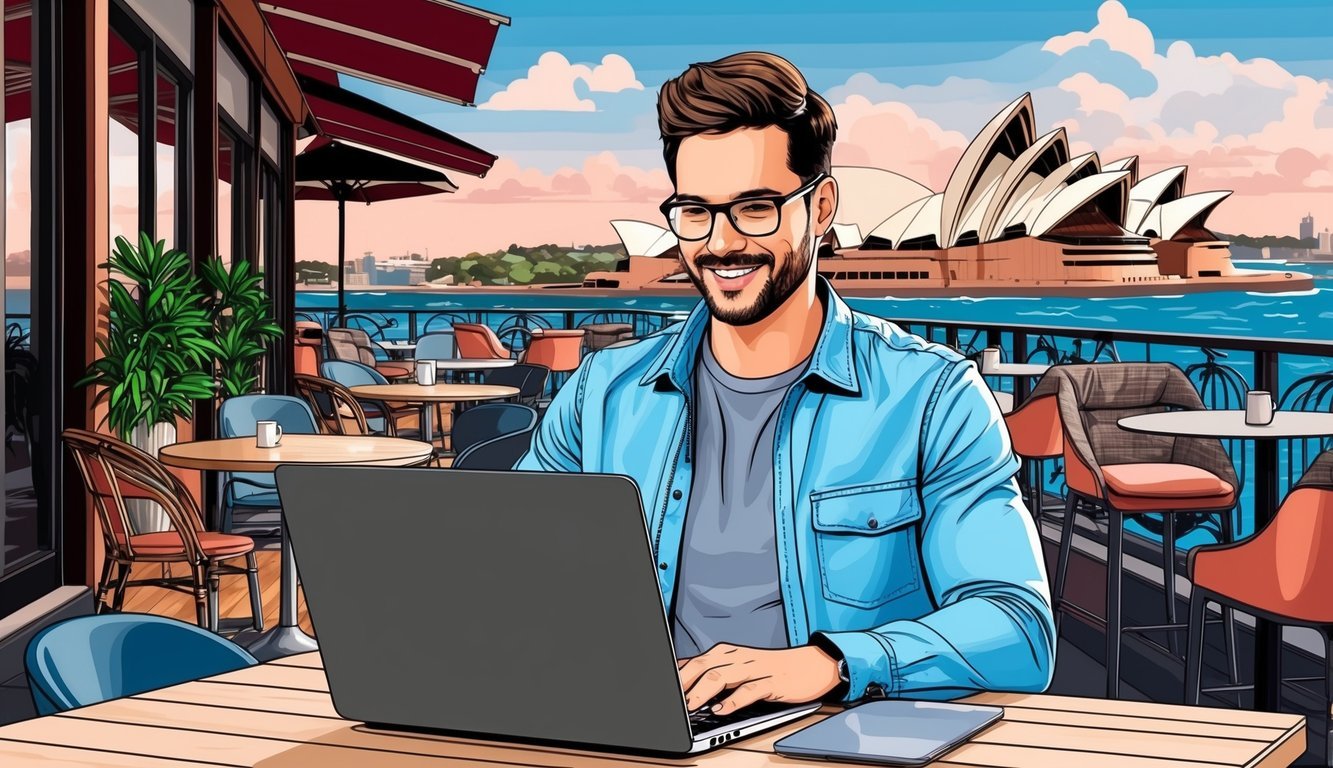 A digital nomad working on a laptop at a trendy café in Sydney, with the iconic Opera House visible in the background
