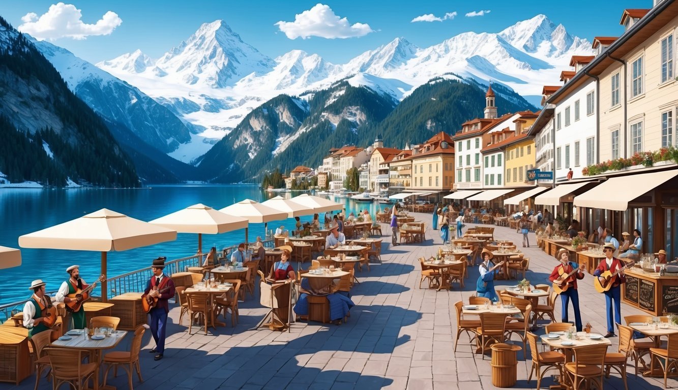 A bustling waterfront with outdoor cafes, live music, and street performers, surrounded by snow-capped mountains and crystal-clear lake