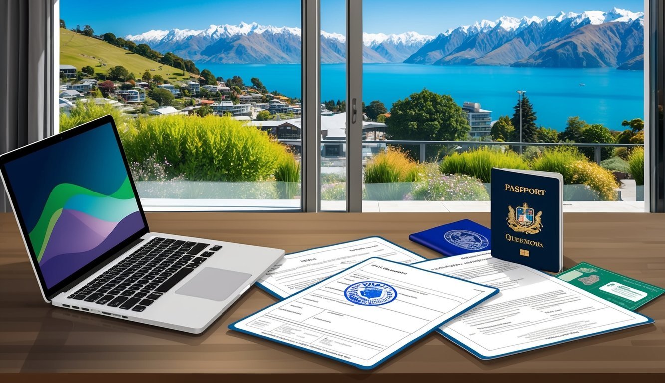 A laptop open on a desk with a passport, visa stamp, and legal documents spread out next to it, with a scenic view of Queenstown, New Zealand visible through a window