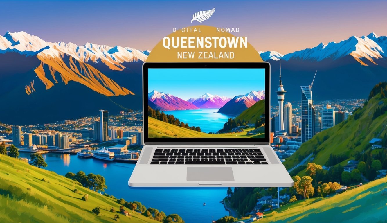 A laptop surrounded by a picturesque mountain landscape, with a vibrant city in the background, showcasing the digital nomad lifestyle in Queenstown, New Zealand