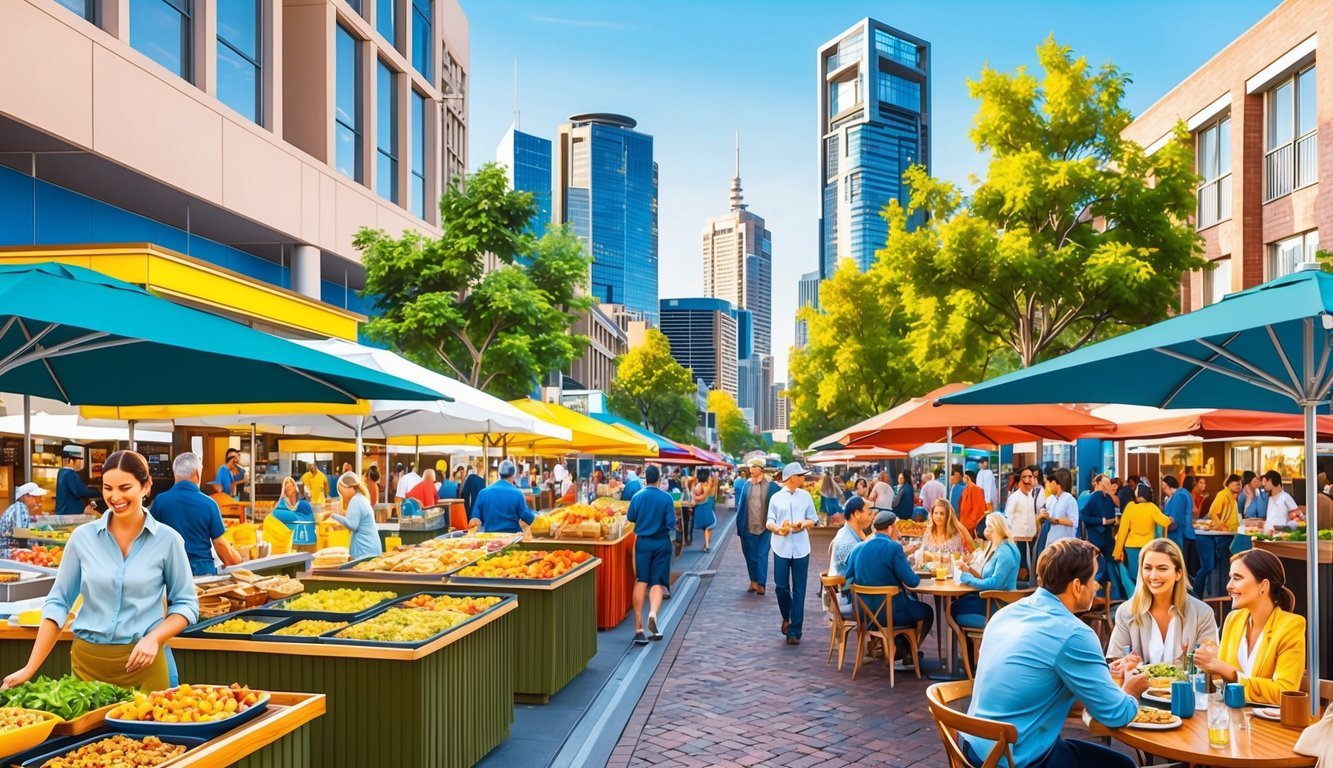 A bustling street market in Perth, Australia, filled with colorful food stalls and lively outdoor dining areas, surrounded by modern skyscrapers