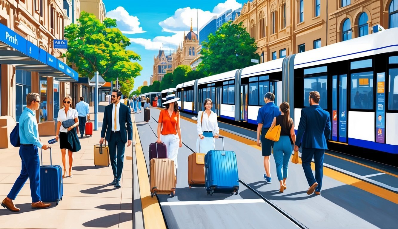 A bustling street in Perth, Australia, with modern public transportation and people walking with suitcases
