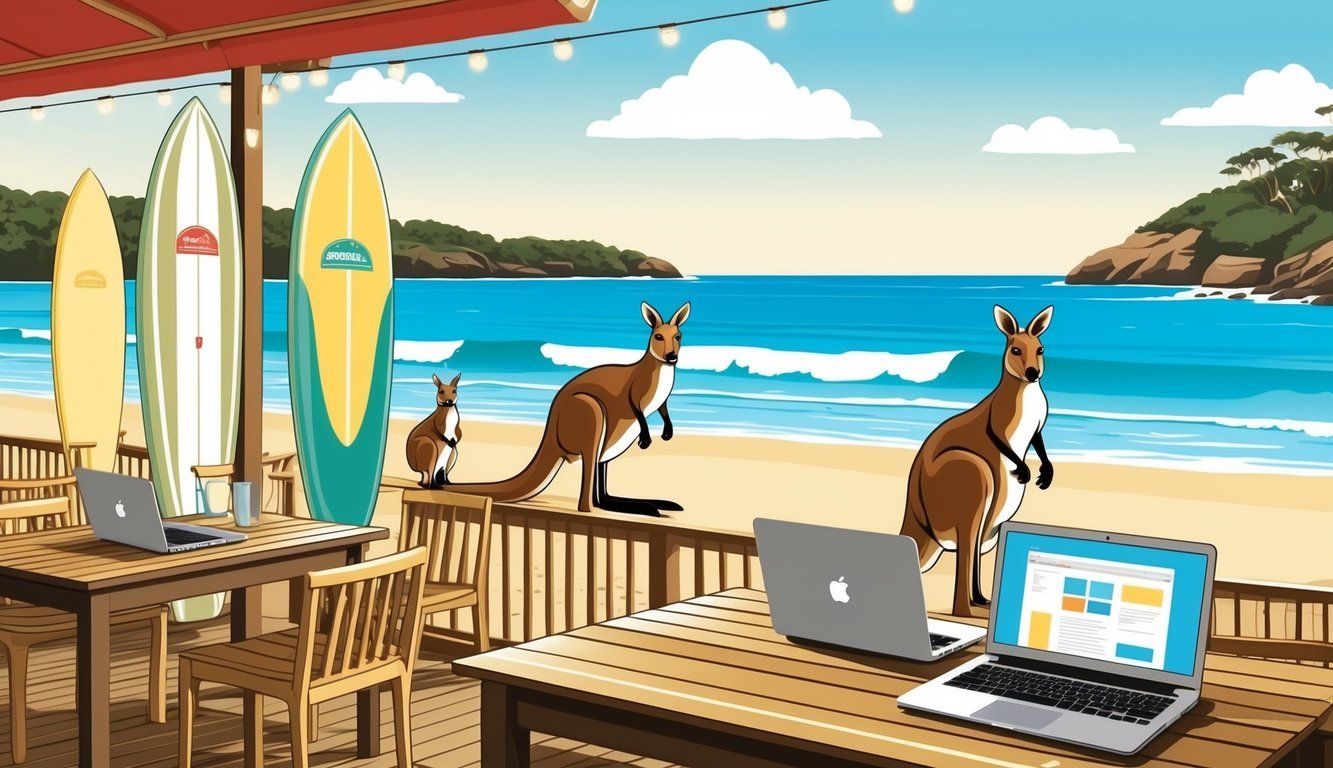 A beachside cafe with surfboards, laptops, and kangaroos in the background