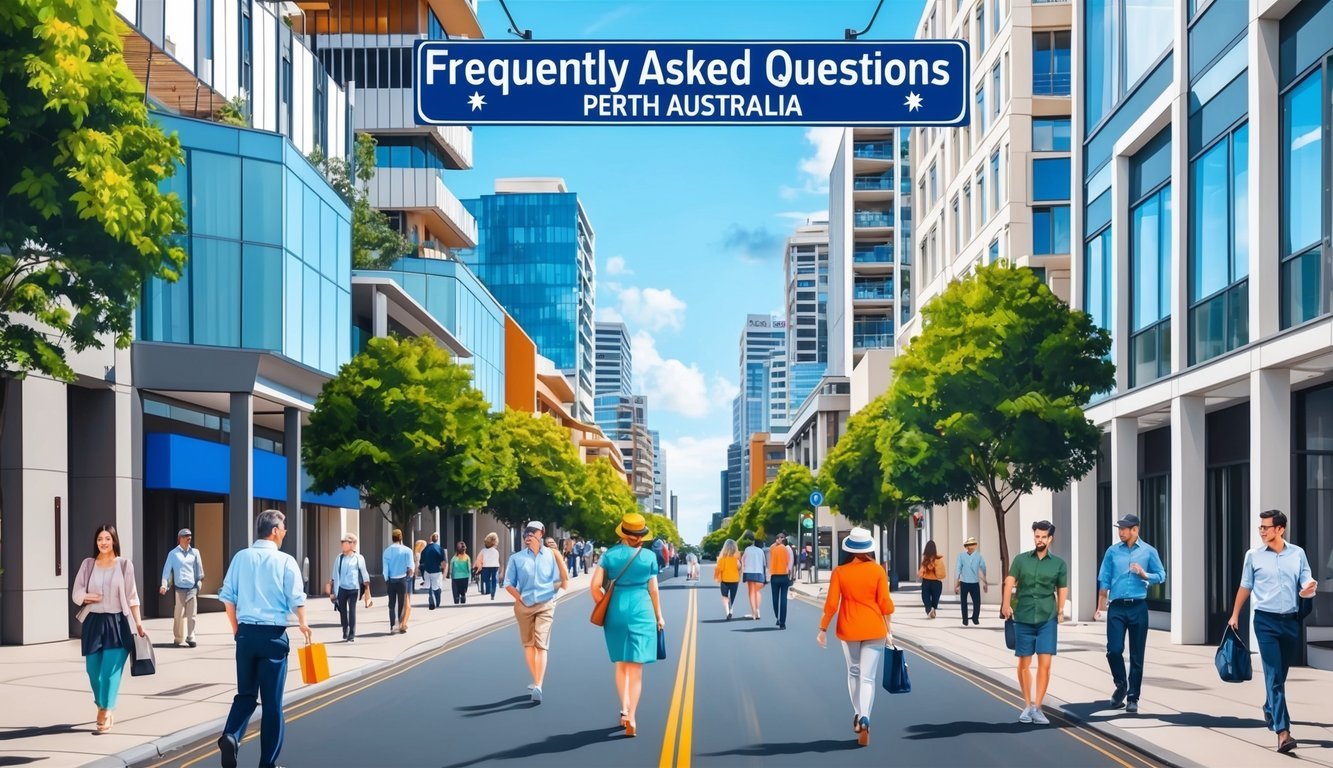 A bustling city street with a sign for "Frequently Asked Questions Perth Australia" surrounded by modern buildings and people on the move