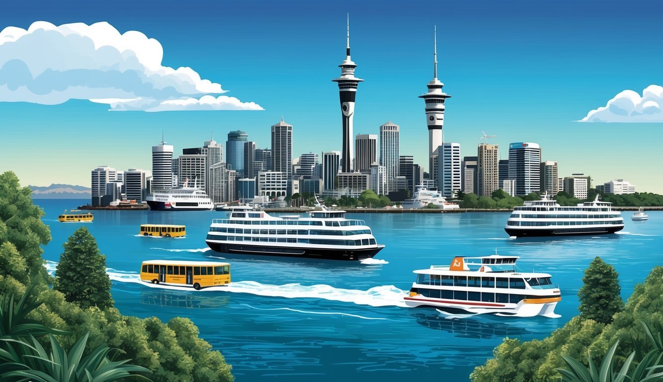Auckland skyline with ferry and buses in motion, surrounded by greenery and water
