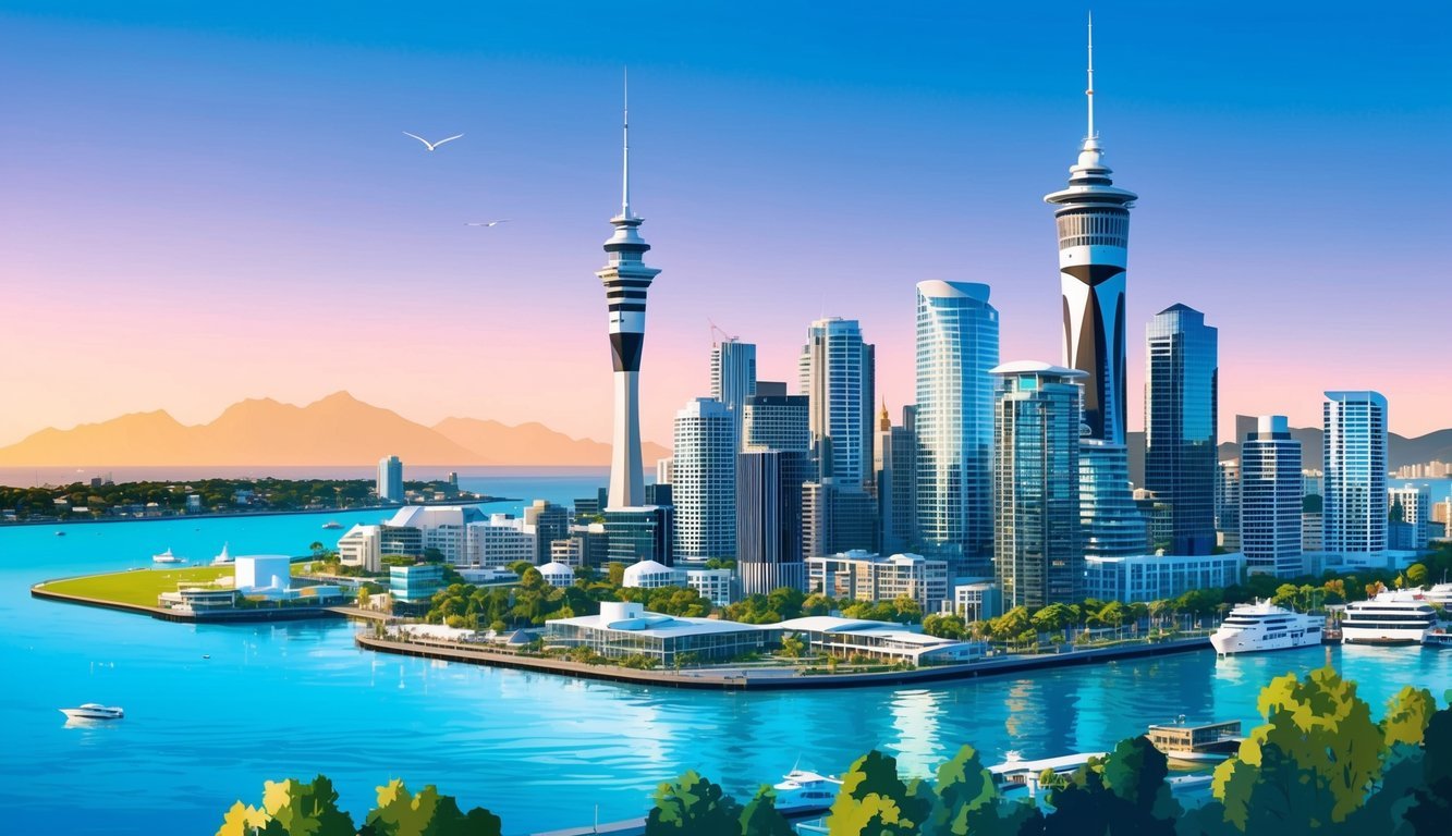 Auckland skyline with modern buildings, waterfront, and green spaces, showcasing the city's vibrant and diverse urban environment for digital nomads