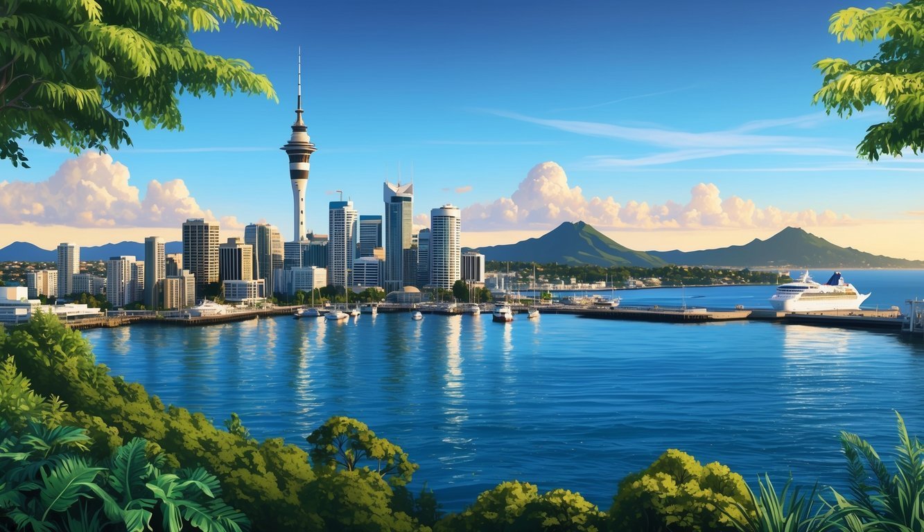 Auckland's skyline with lush greenery, harbor, and volcanic cones in the distance