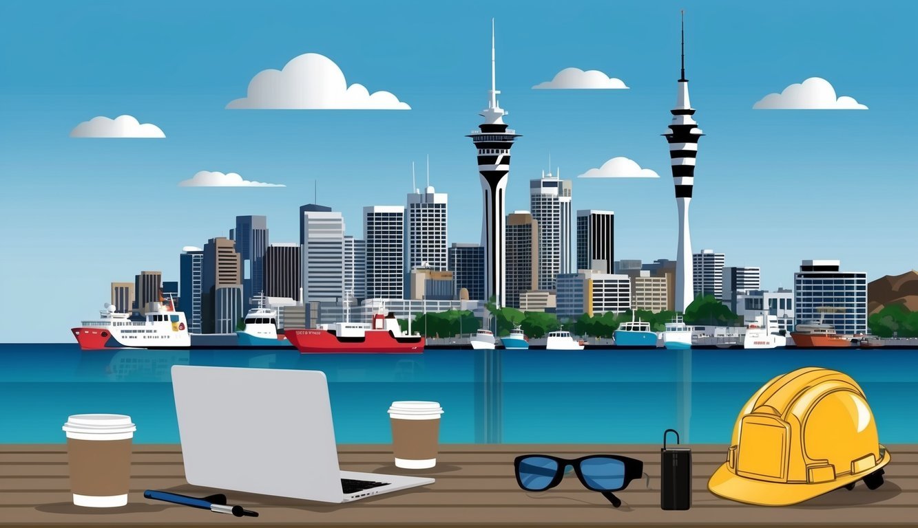 Auckland skyline with laptop, coffee, and safety gear
