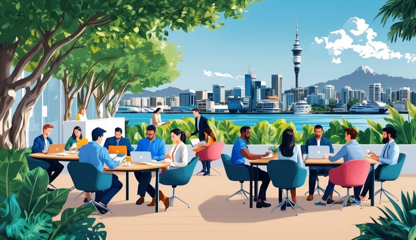 A bustling co-working space with diverse individuals collaborating, surrounded by lush greenery and the iconic skyline of Auckland, New Zealand