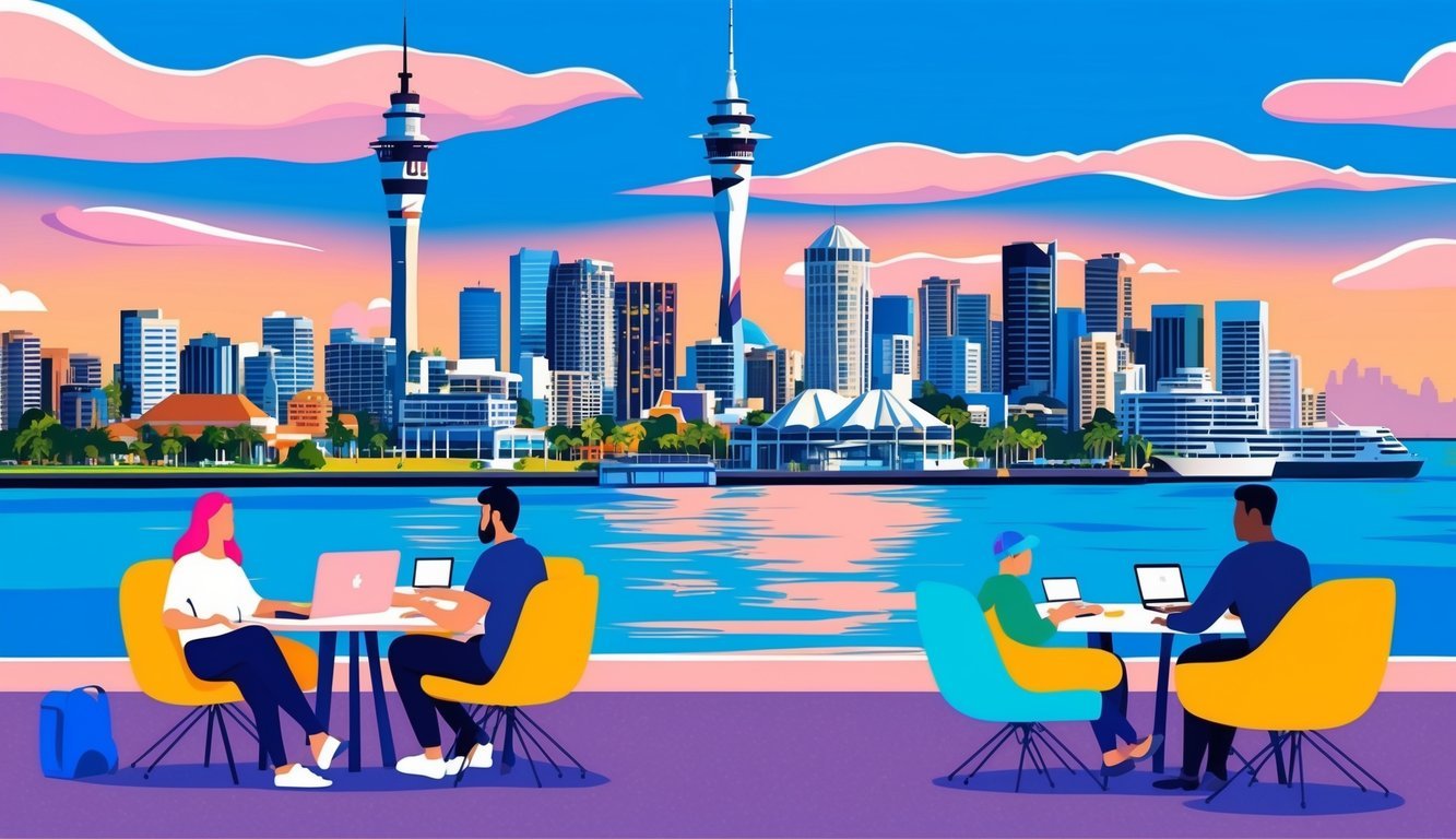 Auckland skyline with iconic landmarks and digital nomads working in a vibrant coworking space