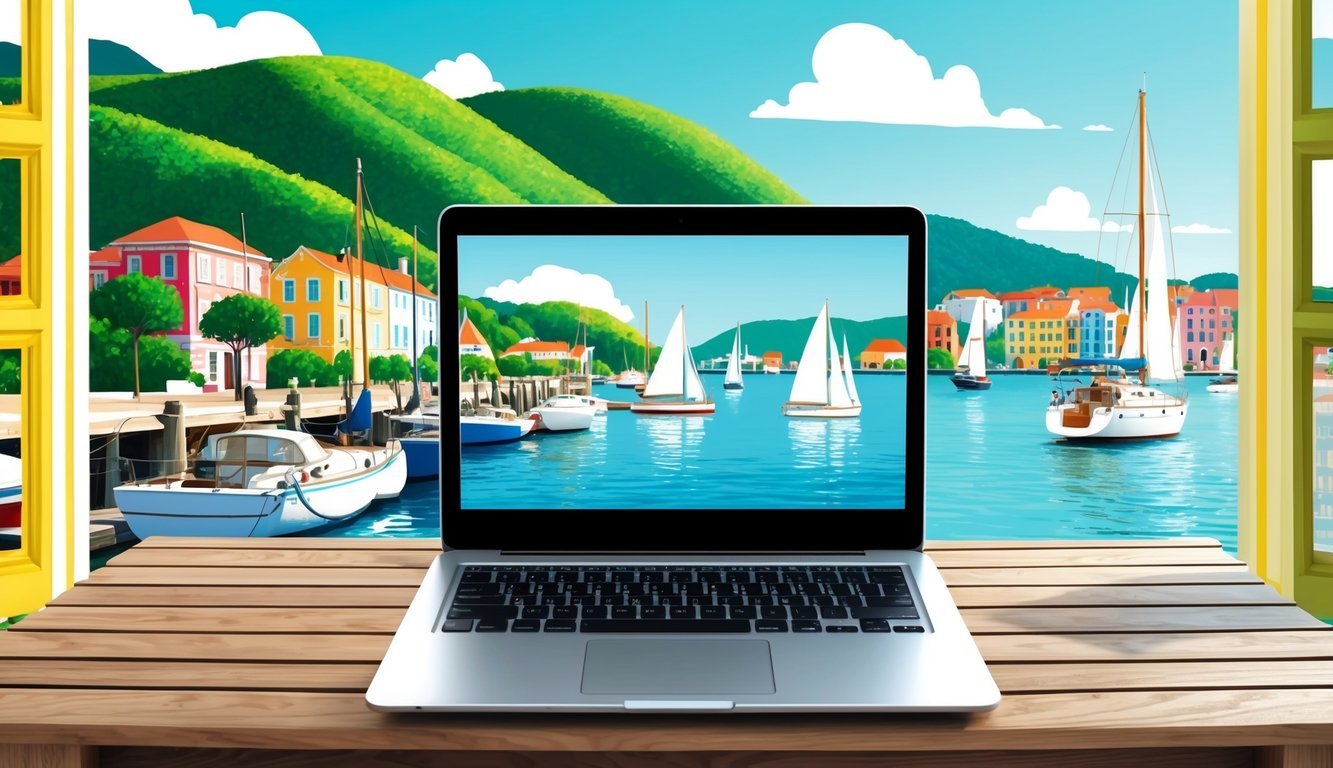 A laptop on a wooden table overlooks a serene harbor with sailboats, framed by lush green hills and colorful buildings