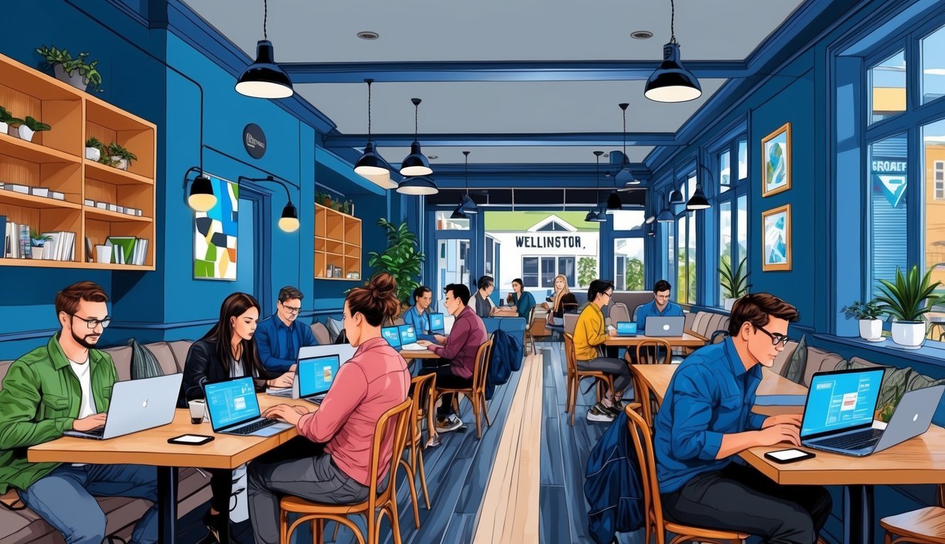 A cozy cafe in Wellington, New Zealand, bustling with digital nomads working on laptops, surrounded by modern technology and connected to the world