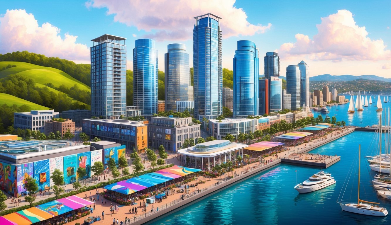 A bustling cityscape with modern skyscrapers, waterfront promenades, and vibrant street art, surrounded by lush green hills and a harbor filled with sailboats