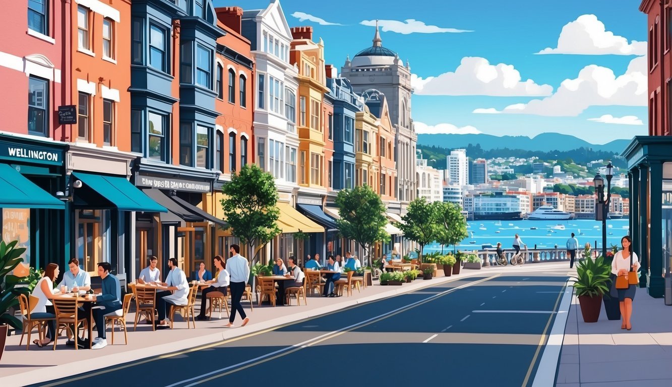 A bustling Wellington street lined with cafes and co-working spaces, with a backdrop of the city’s iconic waterfront and vibrant urban atmosphere