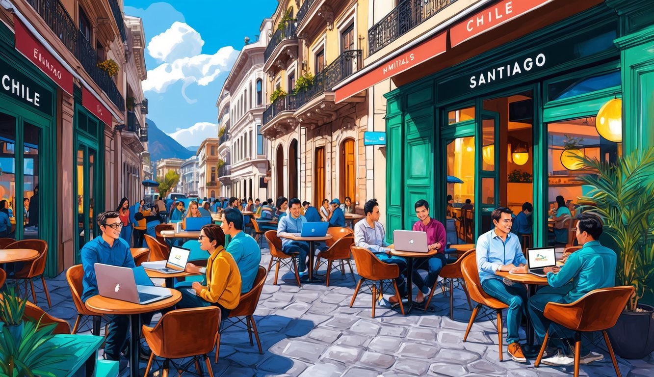 A bustling café in Santiago, Chile, filled with laptop-toting digital nomads enjoying the city's vibrant leisure and lifestyle scene