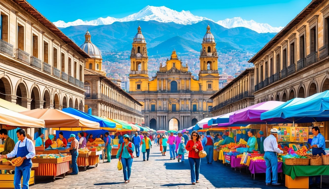 A bustling street market in Santiago, Chile, with colorful stalls and lively music, surrounded by historic architecture and a backdrop of the Andes mountains