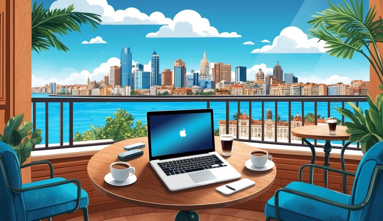 A cozy cafe in Montevideo with laptops, coffee, and a view of the city skyline