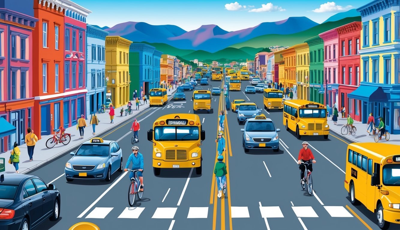 Busy streets with colorful buildings, people walking and biking, buses and taxis navigating through the traffic.</p><p>Mountains in the background