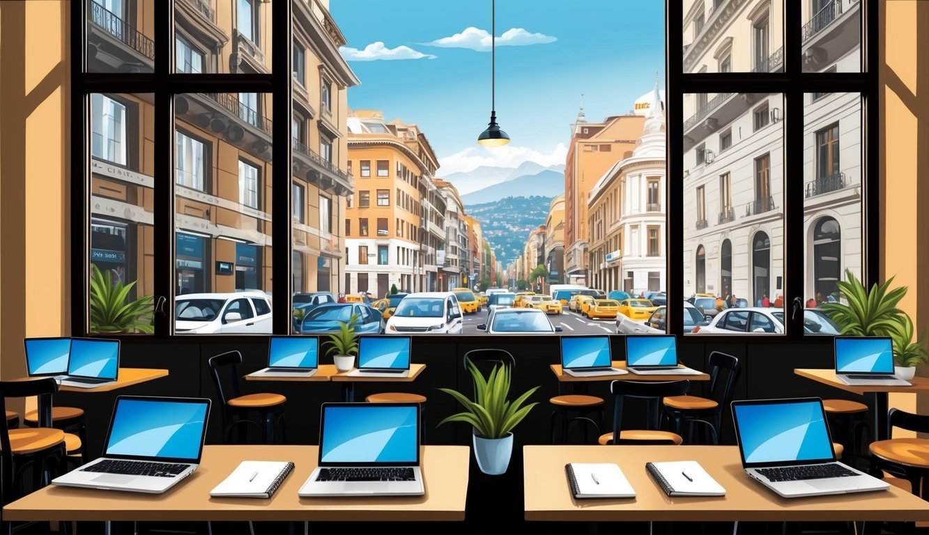A cozy cafe in Santiago, Chile, filled with laptops and notebooks.</p><p>A view of the bustling city streets through the large windows