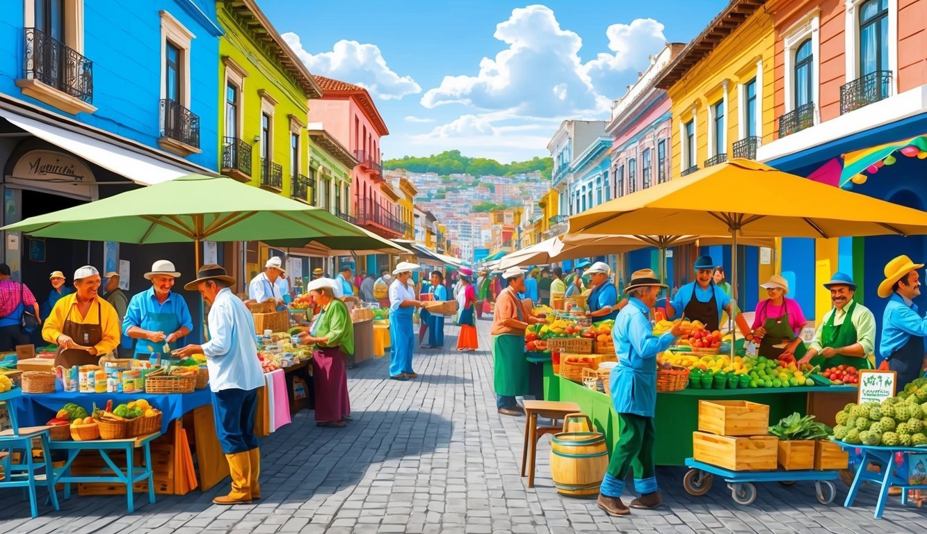 A bustling outdoor market with vendors selling handmade crafts and local produce, surrounded by colorful buildings and lively street performers in Montevideo, Uruguay