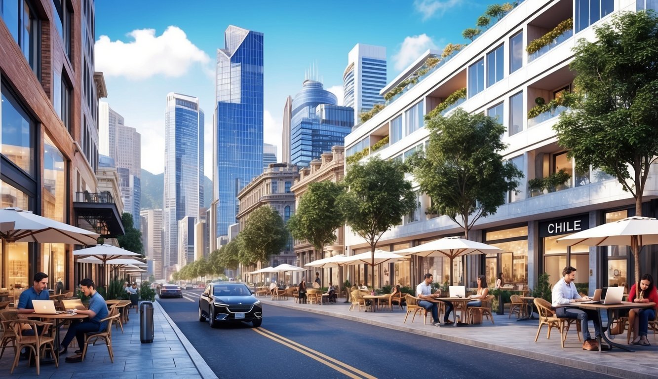 A bustling city street in Santiago, Chile, with modern skyscrapers, bustling cafes, and digital nomads working on laptops in outdoor coworking spaces