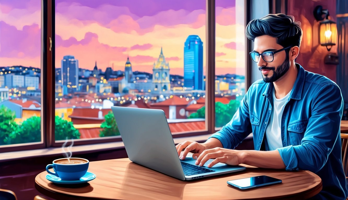 A digital nomad working on a laptop at a cozy cafe in Montevideo, with the city skyline in the background and a cup of mate on the table