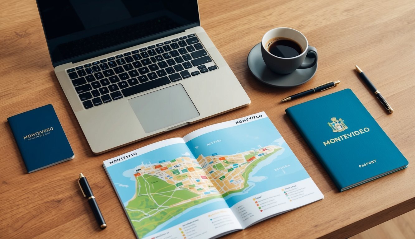A laptop, passport, and travel guide on a desk with a map of Montevideo and a cup of coffee