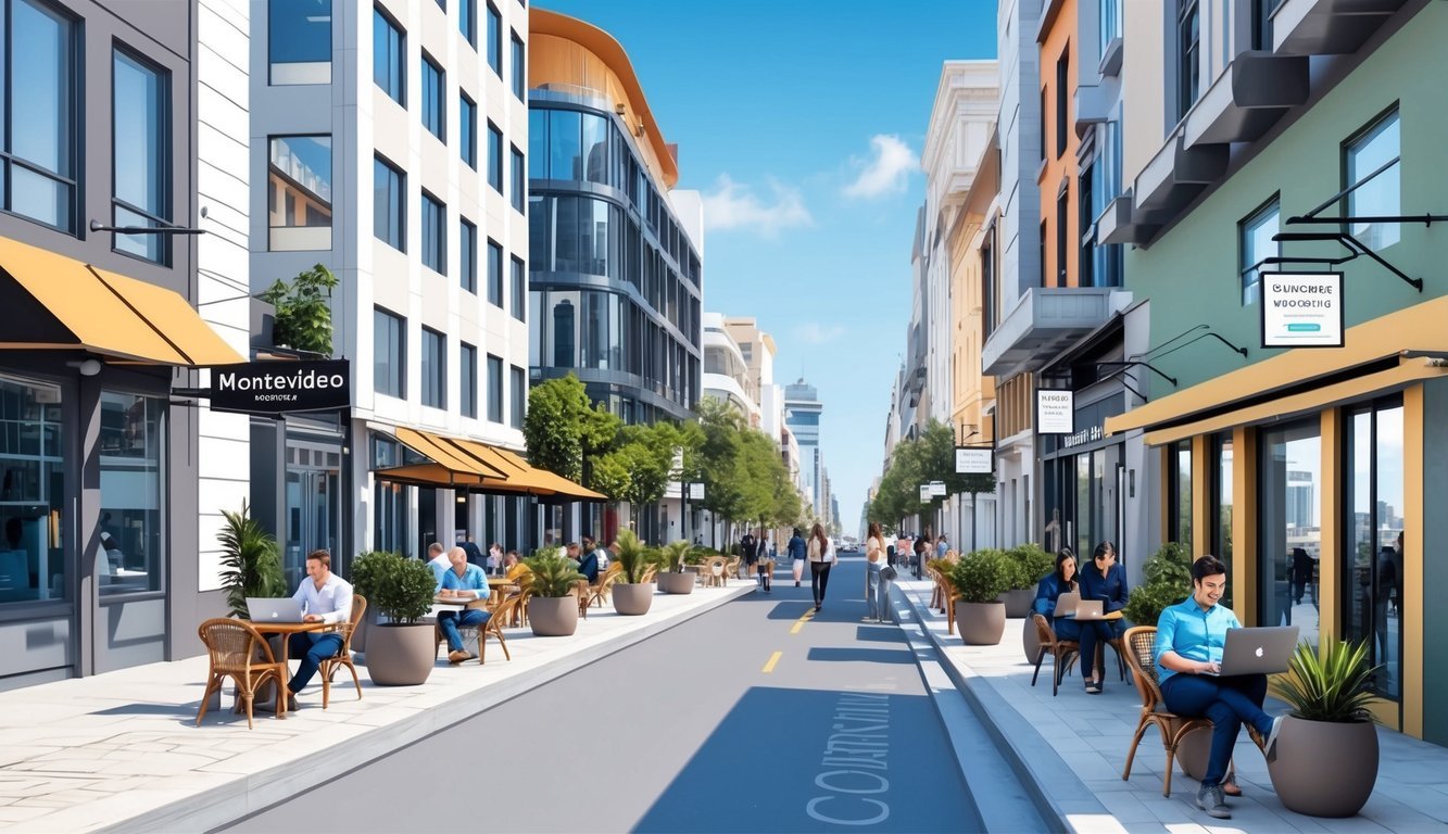A bustling city street in Montevideo, with modern buildings and cafes, signboards offering coworking spaces, and people with laptops working outdoors